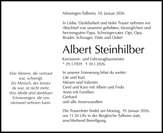 Traueranzeige von Albert Steinhilber von Schwäbische Tagblatt/SÜDWEST PRESSE Zollernalbkreis/Hohenzollerische Zeitung