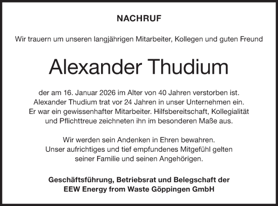 Traueranzeige von Alexander Thudium von NWZ Neue Württembergische Zeitung