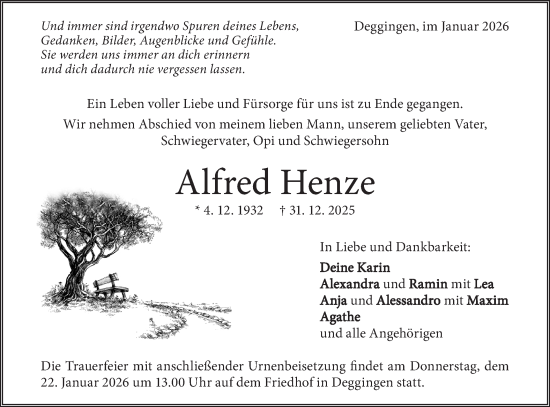Traueranzeige von Alfred Henze von Geislinger Zeitung