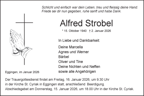 Traueranzeige von Alfred Strobel von SÜDWEST PRESSE Ausgabe Ulm/Neu-Ulm