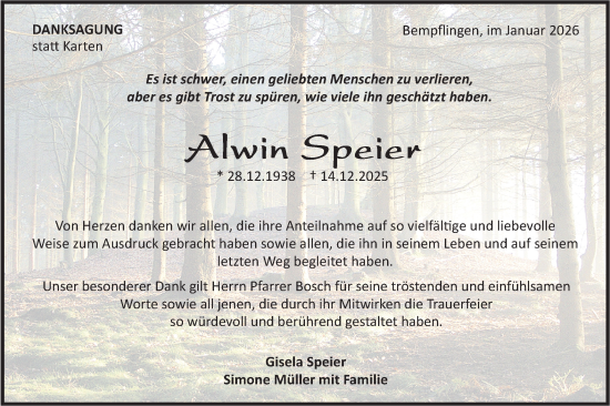 Traueranzeige von Alwin Speier von Alb-Bote/Metzinger-Uracher Volksblatt