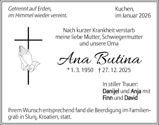 Traueranzeige von Ana Butina von Geislinger Zeitung