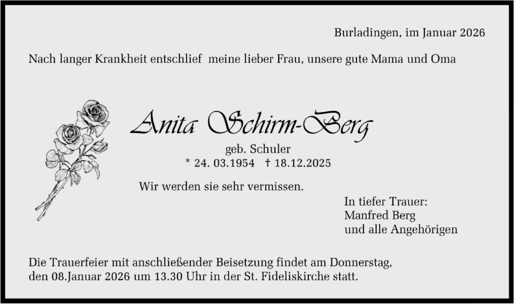  Traueranzeige für Anita Schirm-Berg vom 03.01.2026 aus SÜDWEST PRESSE Zollernalbkreis/Hohenzollerische Zeitung
