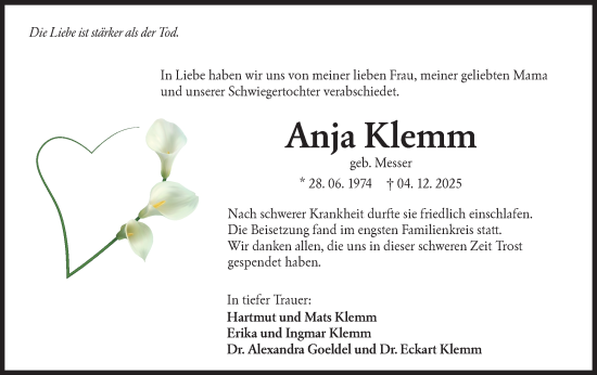 Traueranzeige von Anja Klemm von Hohenloher Tagblatt