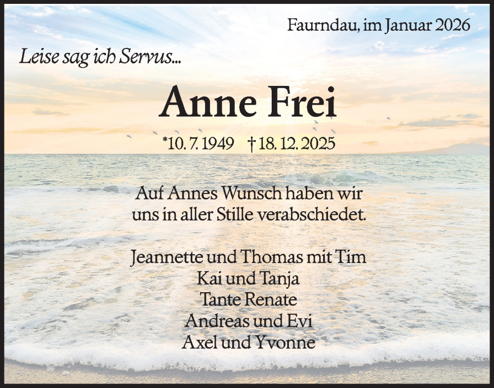 Traueranzeige für Anne Frei vom 17.01.2026 aus NWZ Neue Württembergische Zeitung