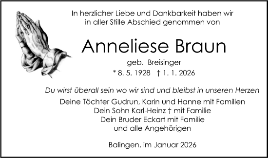 Traueranzeige von Anneliese Braun von SÜDWEST PRESSE Zollernalbkreis/Hohenzollerische Zeitung