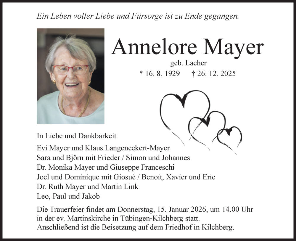  Traueranzeige für Annelore Mayer vom 10.01.2026 aus Schwäbische Tagblatt
