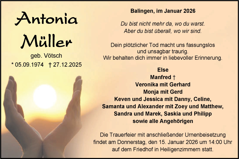  Traueranzeige für Antonia Müller vom 10.01.2026 aus SÜDWEST PRESSE Zollernalbkreis/Hohenzollerische Zeitung