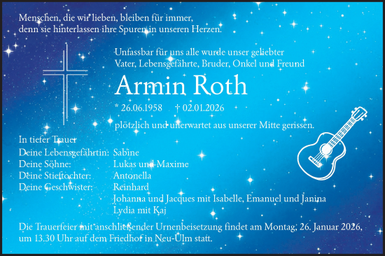 Traueranzeige von Armin Roth von SÜDWEST PRESSE Ausgabe Ulm/Neu-Ulm