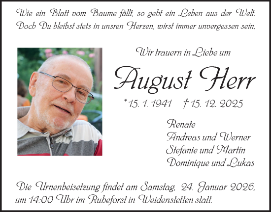 Traueranzeige von August Herr von Geislinger Zeitung