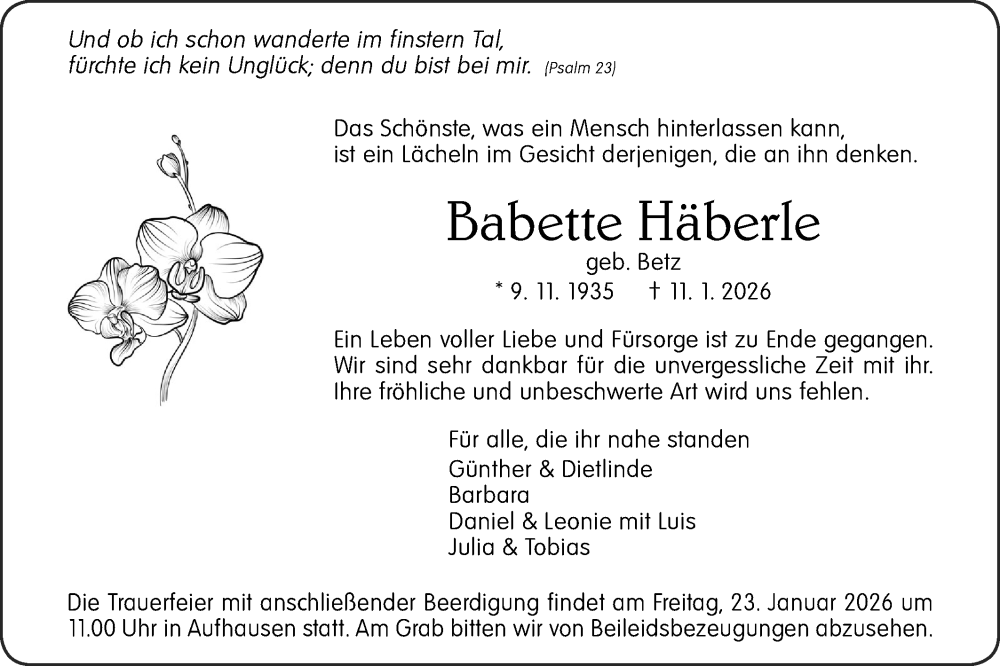  Traueranzeige für Babette Häberle vom 17.01.2026 aus Geislinger Zeitung
