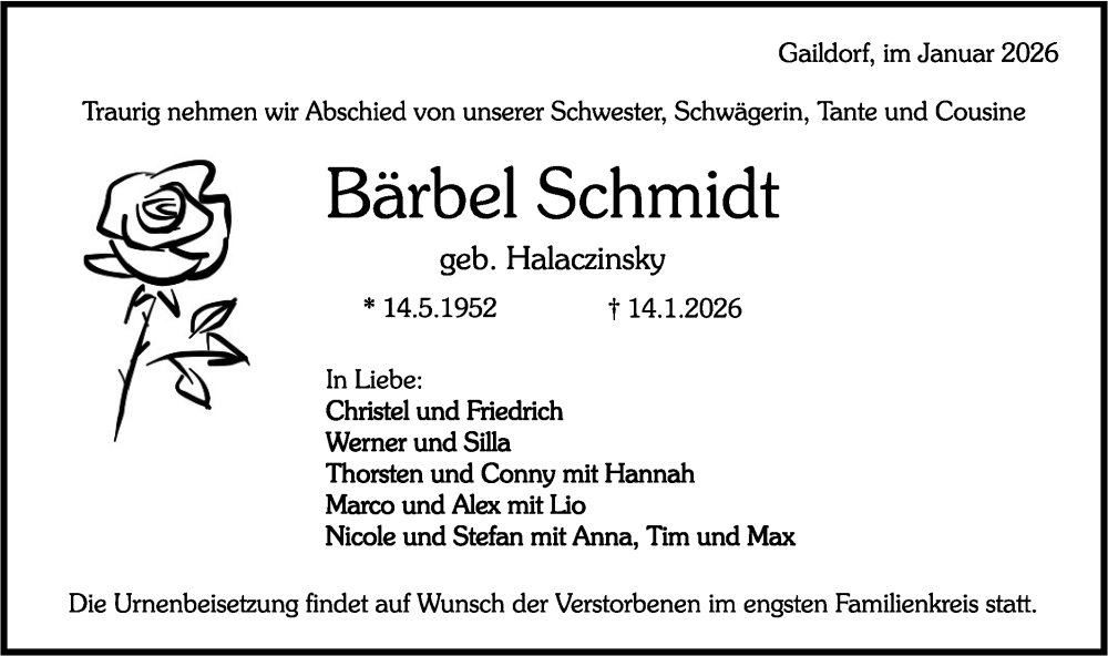  Traueranzeige für Bärbel Schmidt vom 17.01.2026 aus Rundschau Gaildorf