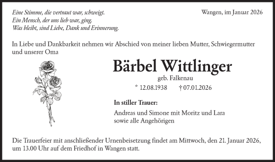 Traueranzeige von Bärbel Wittlinger von NWZ Neue Württembergische Zeitung