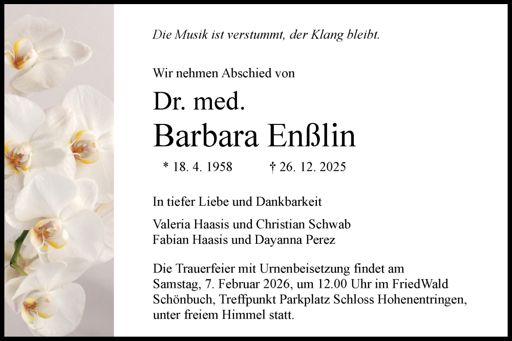  Traueranzeige für Barbara Enßlin vom 03.01.2026 aus Schwäbische Tagblatt