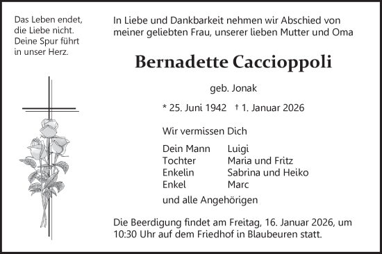 Traueranzeige von Bernadette Caccioppoli von SÜDWEST PRESSE Ausgabe Ulm/Neu-Ulm