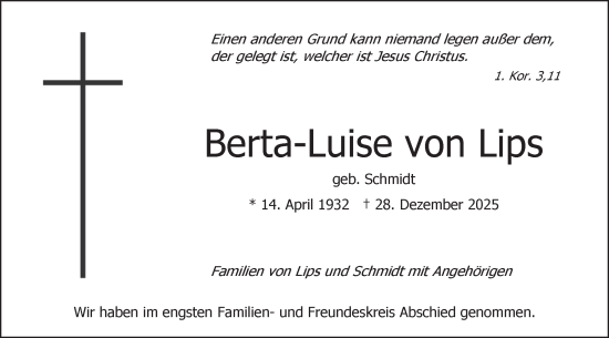 Traueranzeige von Berta-Luise von Lips von Neckar-Chronik