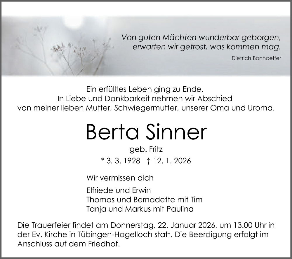  Traueranzeige für Berta Sinner vom 16.01.2026 aus Schwäbische Tagblatt