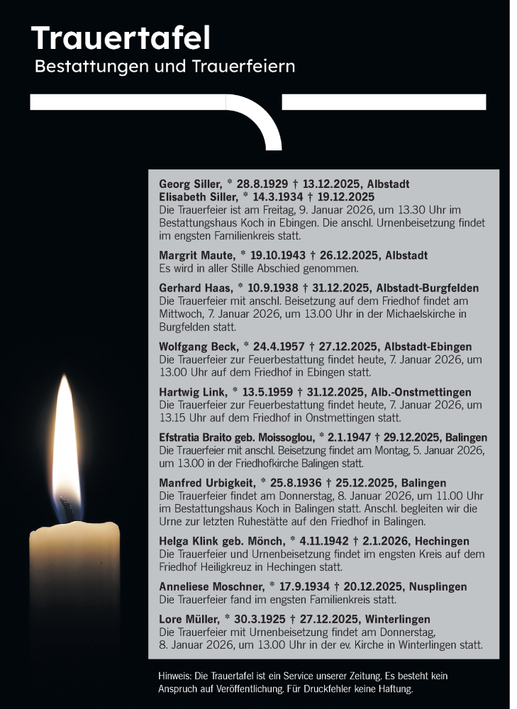  Traueranzeige für Bestattungen vom 07.01.2026 vom 07.01.2026 aus SÜDWEST PRESSE Zollernalbkreis/Hohenzollerische Zeitung