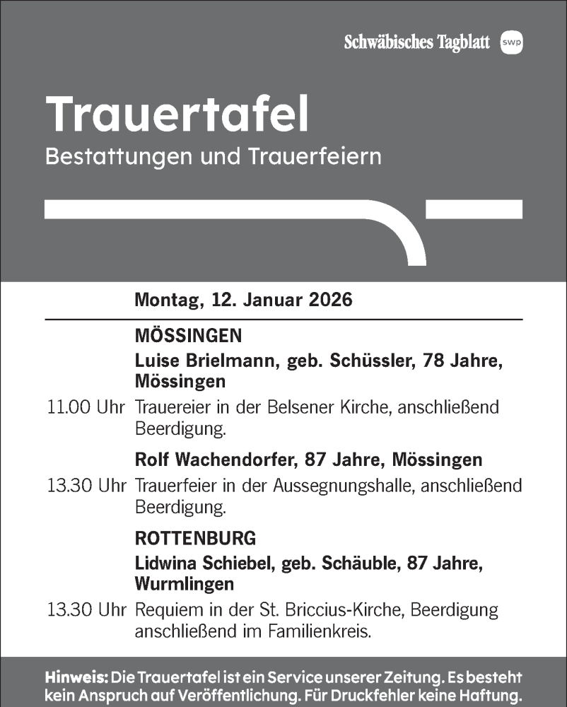  Traueranzeige für Bestattungen vom 12.01.2026 vom 12.01.2026 aus Schwäbische Tagblatt