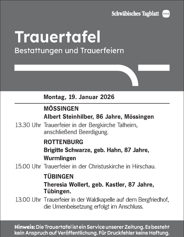 Traueranzeige für Bestattungen vom 19.01.2026 vom 19.01.2026 aus Schwäbische Tagblatt