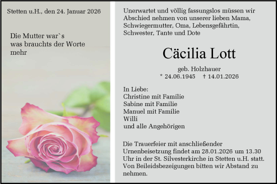 Traueranzeige von Cäcilia Lott von SÜDWEST PRESSE Zollernalbkreis/Hohenzollerische Zeitung