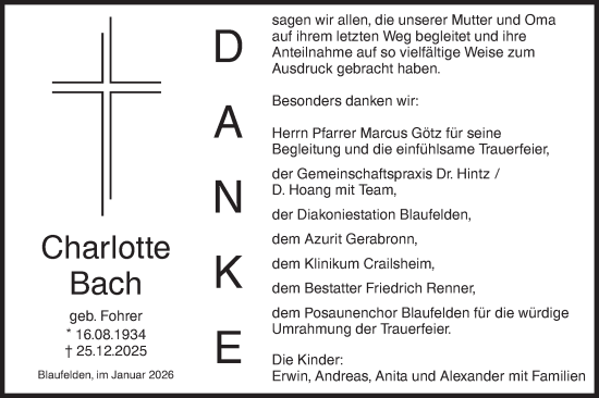 Traueranzeige von Charlotte Bach von Hohenloher Tagblatt