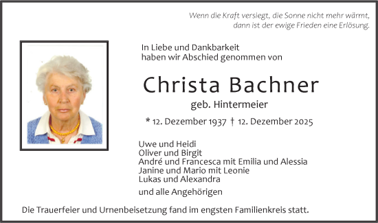 Traueranzeige von Christa Bachner von SÜDWEST PRESSE Ausgabe Ulm/Neu-Ulm