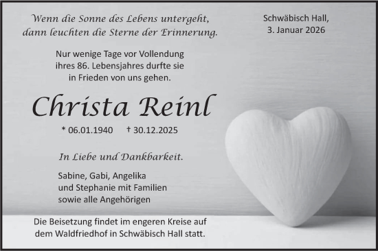 Traueranzeige von Christa Reinl von Haller Tagblatt