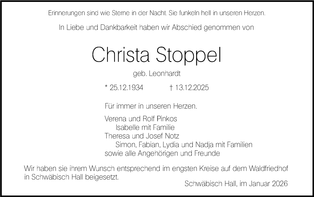  Traueranzeige für Christa Stoppel vom 17.01.2026 aus Haller Tagblatt