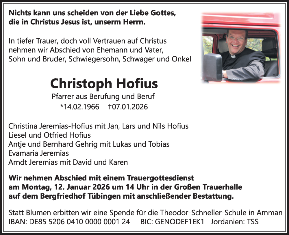 Traueranzeige für Christoph Hofius vom 09.01.2026 aus Schwäbische Tagblatt