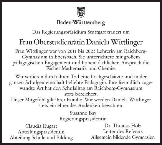 Traueranzeige von Daniela Wittlinger von SÜDWEST PRESSE Ausgabe Ulm/Neu-Ulm