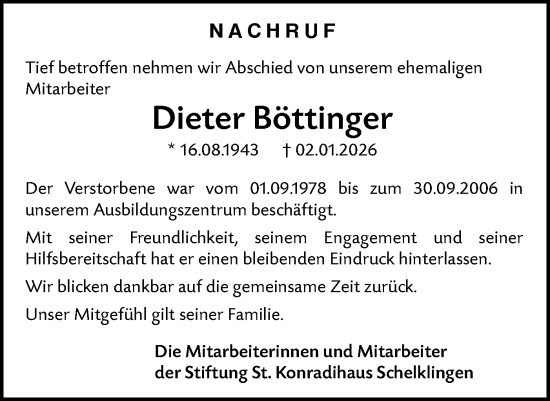 Traueranzeige von Dieter Böttinger von SÜDWEST PRESSE Ausgabe Ulm/Neu-Ulm