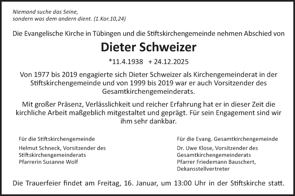  Traueranzeige für Dieter Schweizer vom 15.01.2026 aus Schwäbische Tagblatt