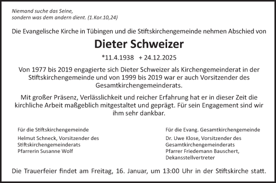 Traueranzeige von Dieter Schweizer von Schwäbische Tagblatt