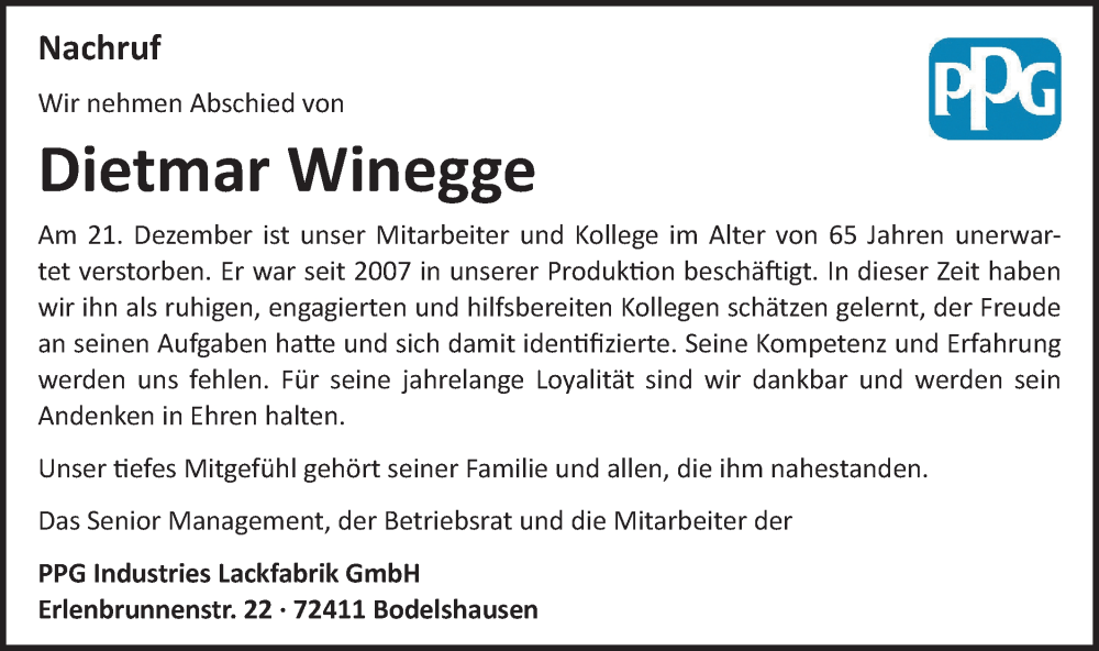  Traueranzeige für Dietmar Winegge vom 10.01.2026 aus Schwäbische Tagblatt