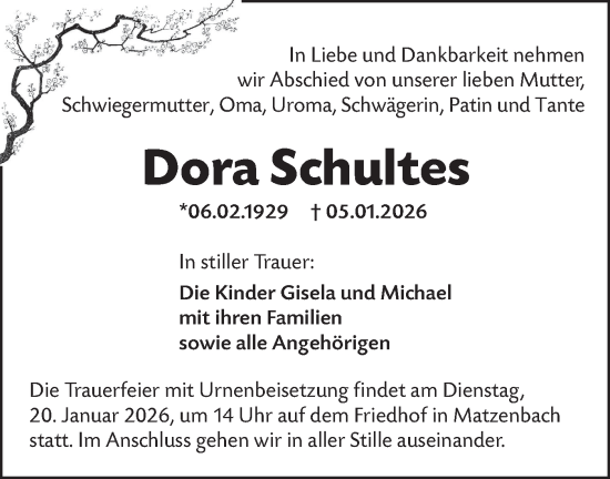 Traueranzeige von Dora Schultes von Hohenloher Tagblatt