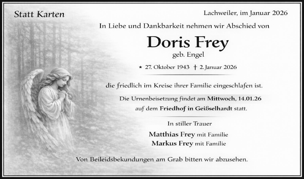  Traueranzeige für Doris Frey vom 10.01.2026 aus Haller Tagblatt