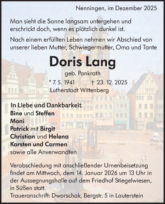 Traueranzeige von Doris Lang von NWZ Neue Württembergische Zeitung/Geislinger Zeitung