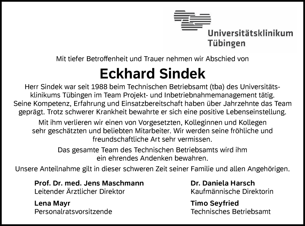  Traueranzeige für Eckhard Sindek vom 07.01.2026 aus Schwäbische Tagblatt