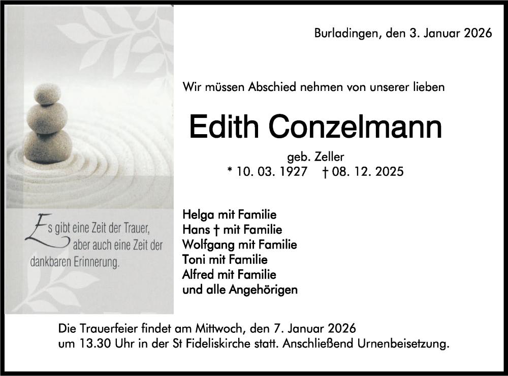  Traueranzeige für Edith Conzelmann vom 03.01.2026 aus SÜDWEST PRESSE Zollernalbkreis/Hohenzollerische Zeitung