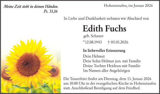 Traueranzeige von Edith Fuchs von NWZ Neue Württembergische Zeitung