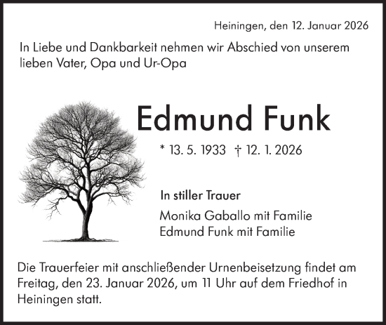 Traueranzeige von Edmund Funk von NWZ Neue Württembergische Zeitung