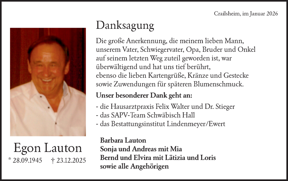 Traueranzeige für Egon Lauton vom 10.01.2026 aus Hohenloher Tagblatt