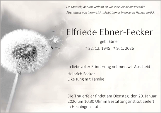 Traueranzeige von Elfriede Ebner-Fecker von SÜDWEST PRESSE Zollernalbkreis/Hohenzollerische Zeitung