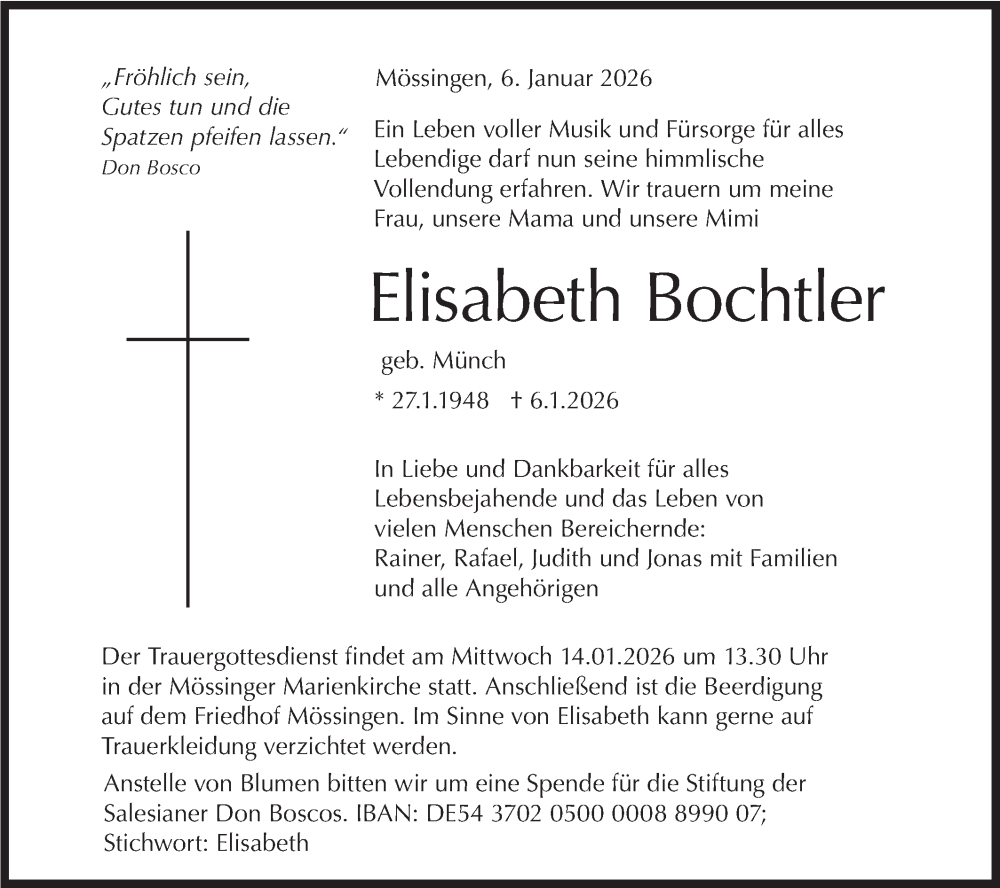  Traueranzeige für Elisabeth Bochtler vom 10.01.2026 aus Schwäbische Tagblatt