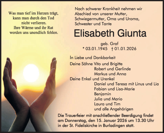 Traueranzeige von Elisabeth Giunta von SÜDWEST PRESSE Zollernalbkreis/Hohenzollerische Zeitung