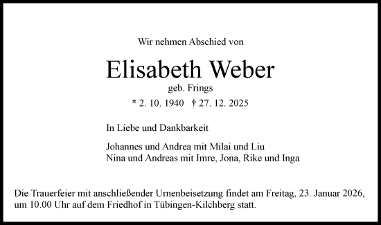 Traueranzeige von Elisabeth Weber von Schwäbische Tagblatt