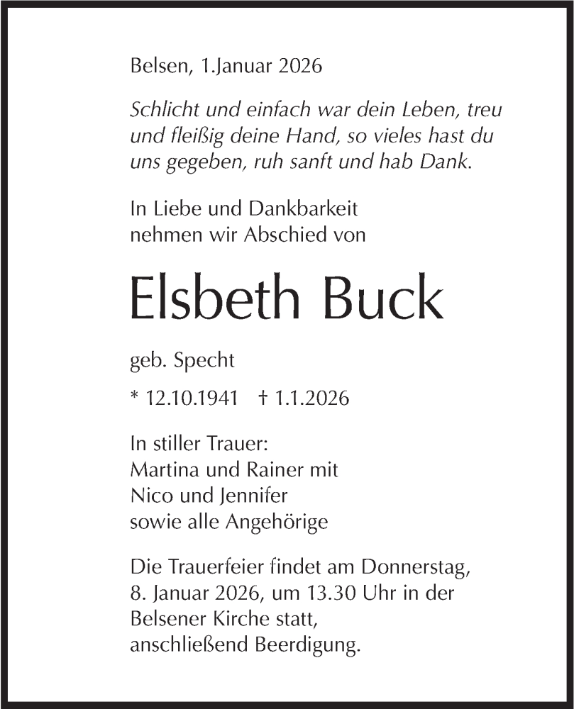  Traueranzeige für Elsbeth Buck vom 07.01.2026 aus Schwäbische Tagblatt
