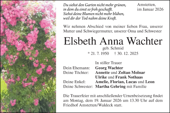 Traueranzeige von Elsbeth Anna Wachter von Geislinger Zeitung