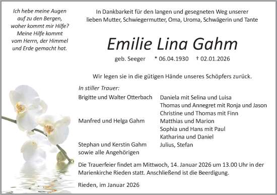 Traueranzeige von Emilie Lina Gahm von Haller Tagblatt